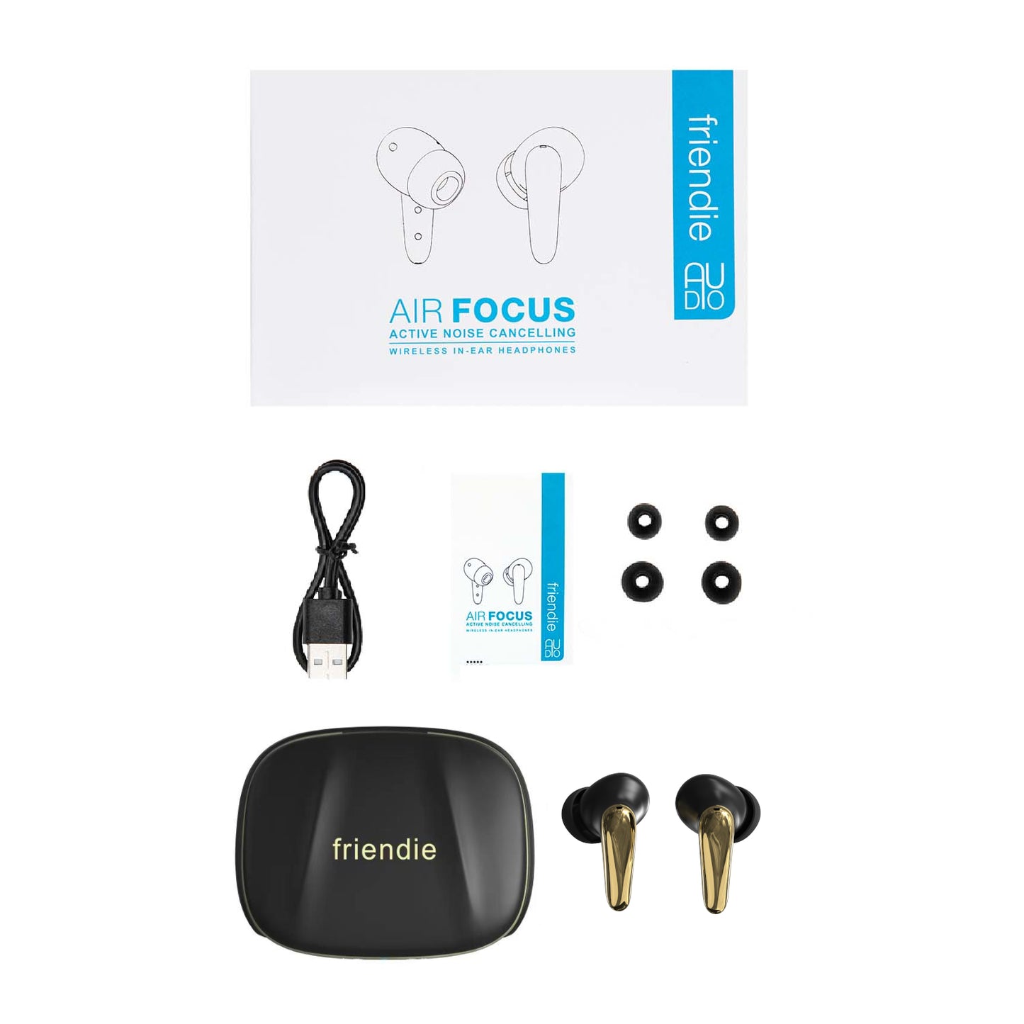 AIR Focus ANC Matte Black and Gold Active Noise Cancelling Earbuds (In Ear Wireless Headphones) - Friendie Pty Ltd