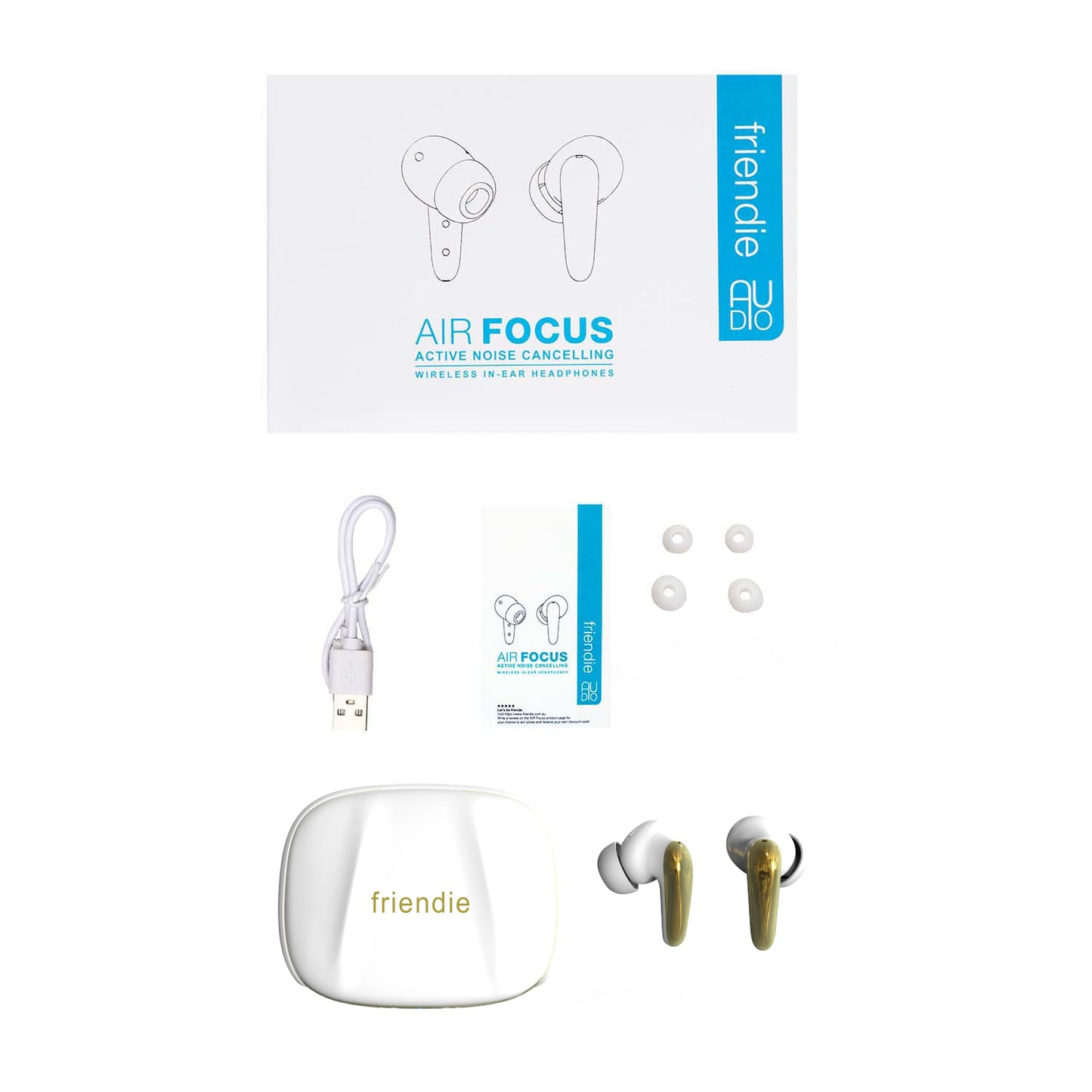 AIR Focus ANC Pearl White and Gold Active Noise Cancelling Earbuds (In Ear Wireless Headphones) - Friendie Pty Ltd